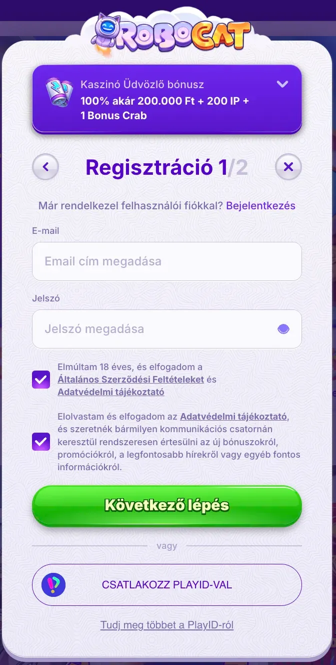 Robocat kaszinó regisztráció